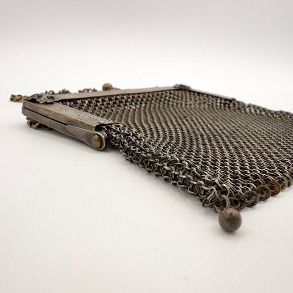 Antique German Silver Evening Bag w Chain Link Mesh Dropped Tassel Marked WJ Co - Picture 5 of 13